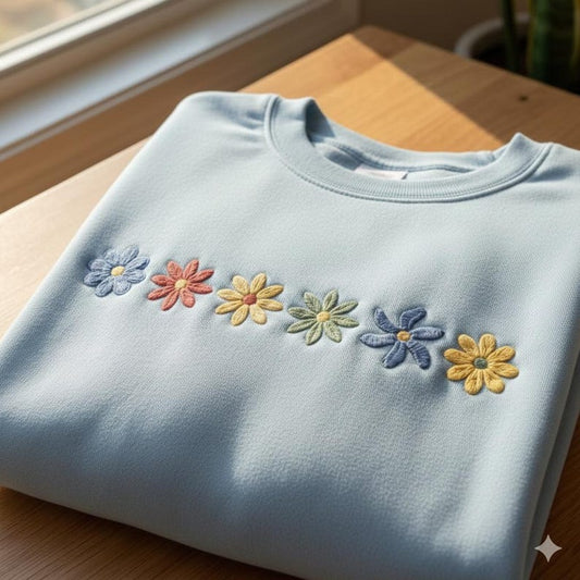 Embroidered Pastel Daisy Row Crewneck Sweatshirt
