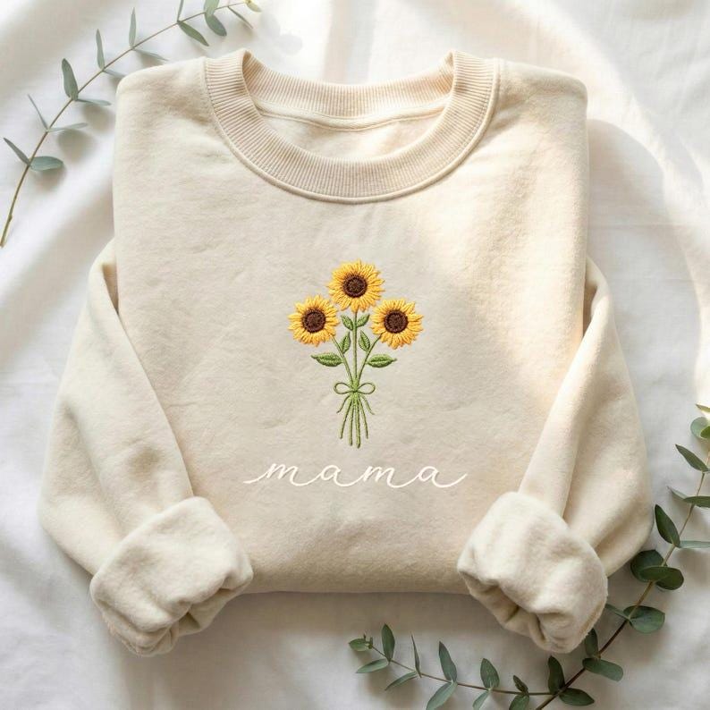 Embroidered Mama Sunflower Minimalist Cozy Crewneck