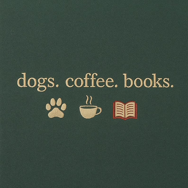 Embroidered Dogs Coffee Books Crew Neck