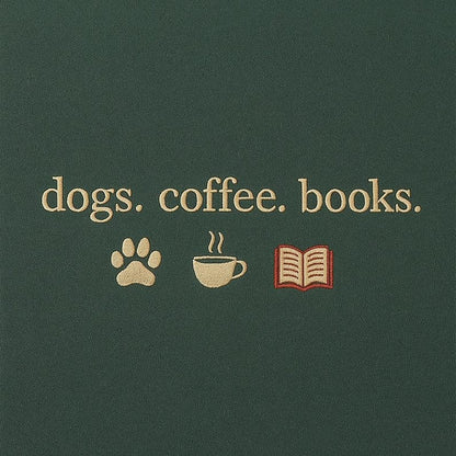 Embroidered Dogs Coffee Books Crew Neck