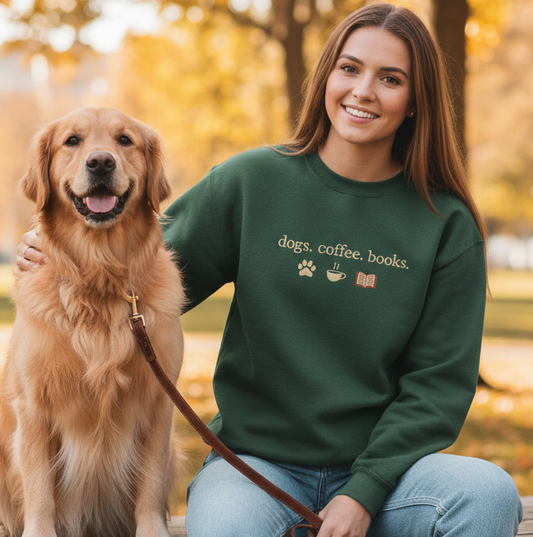Embroidered Dogs Coffee Books Crew Neck