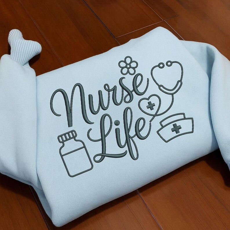 Cozy Embroidered “Nurse Life” Crewneck Sweatshirt