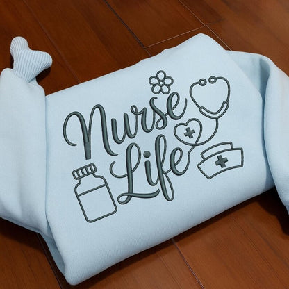 Cozy Embroidered “Nurse Life” Crewneck Sweatshirt