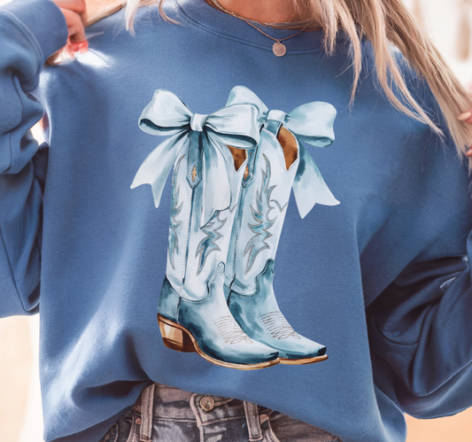 DTF Transfer Blue Cowgirl Boots with Bow Western Country