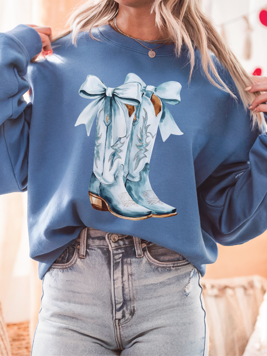DTF Transfer Blue Cowgirl Boots with Bow Western Country