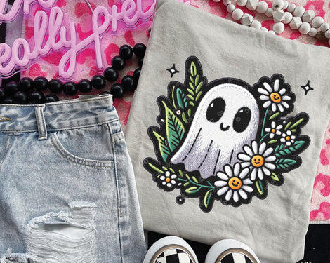 T-Shirt Tee Or Sweatshirt Ghost Spooky Faux Embroidery #2