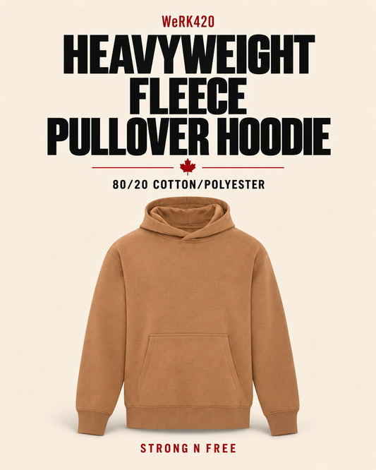 WeRK420 heavyweight fleece pullover hoodie in caramel, Strong N Free wholesale feature