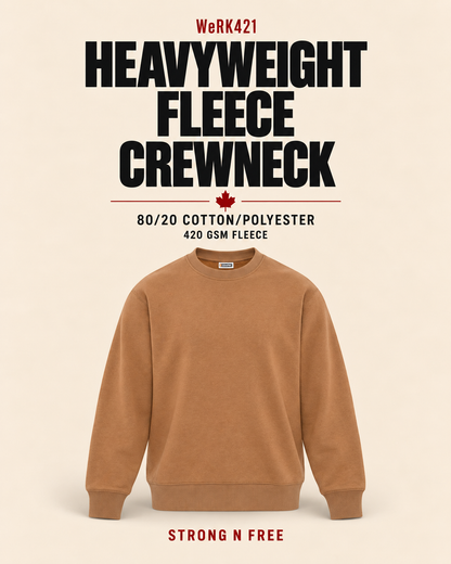 WeRK421 Heavyweight Fleece Crewneck in caramel — 80/20 cotton/polyester, 420 GSM fleece — Strong N Free wholesale feature