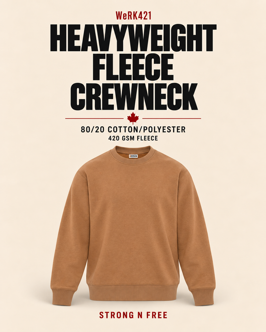 WeRK421 Heavyweight Fleece Crewneck in caramel — 80/20 cotton/polyester, 420 GSM fleece — Strong N Free wholesale feature