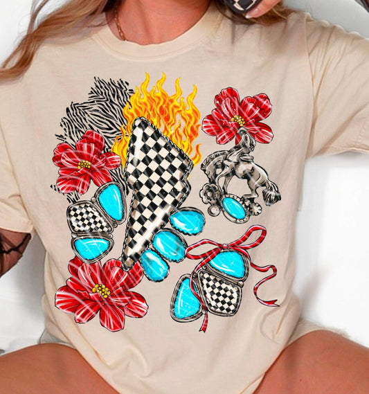 DTF Transfer Retro Rodeo Babe – Checker, Flames, & Turquoise Bloom
