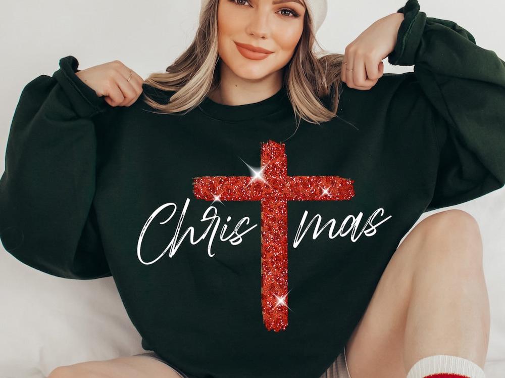 Sweatshirt Hoodie T-Shirt Christmas Cross Faith Christian Flax Style