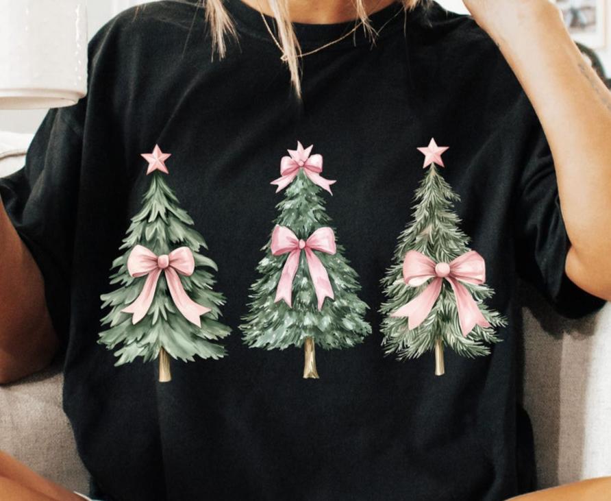 Sweatshirt Hoodie T-Shirt Christmas  Tree with Pink Bows