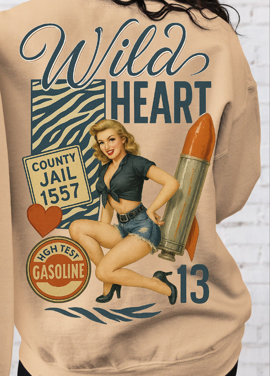 DTF Transfer Wild Heart – Retro Pin-Up Gasoline Girl with Rocket & Jail Sign