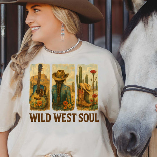 DTF Transfer Wild West Soul – Vintage Western Desert Scene with Guitar & Cowgirl