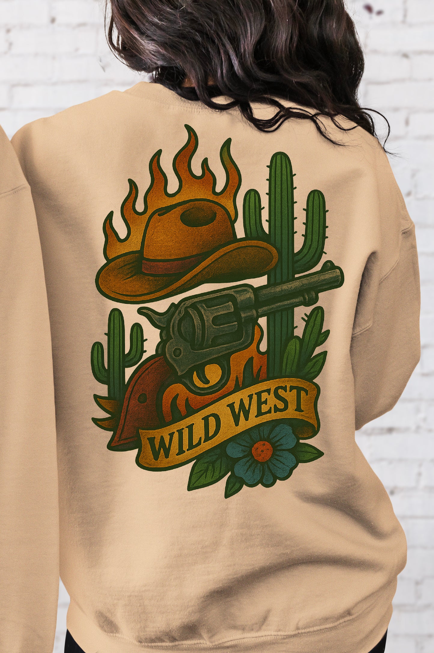 DTF Transfer Wild West – Flaming Cowboy Hat, Revolver & Cactus Back Print Design