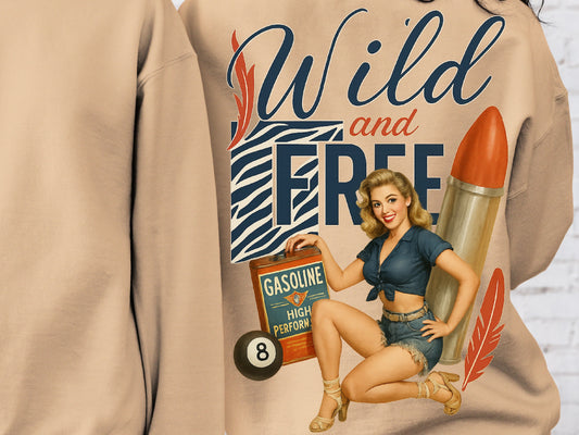 DTF Transfer Wild and Free – Retro Pin-Up Girl with Rocket, Zebra Print & Gasoline Can