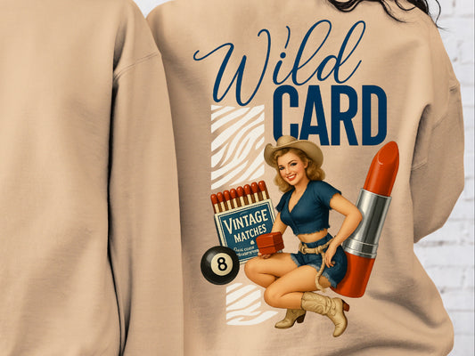 DTF Transfer Wild Card – Retro Cowgirl Pin-Up with Matches, Lipstick & 8-Ball