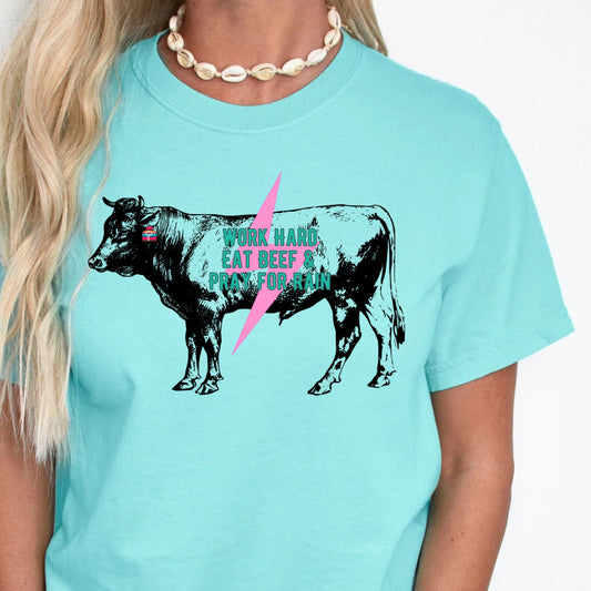 DTF Transfer Cow Graphic – Work Hard Eat Beef Pray for Rain with Lightning Bolt
