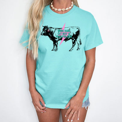 DTF Transfer Cow Graphic – Work Hard Eat Beef Pray for Rain with Lightning Bolt