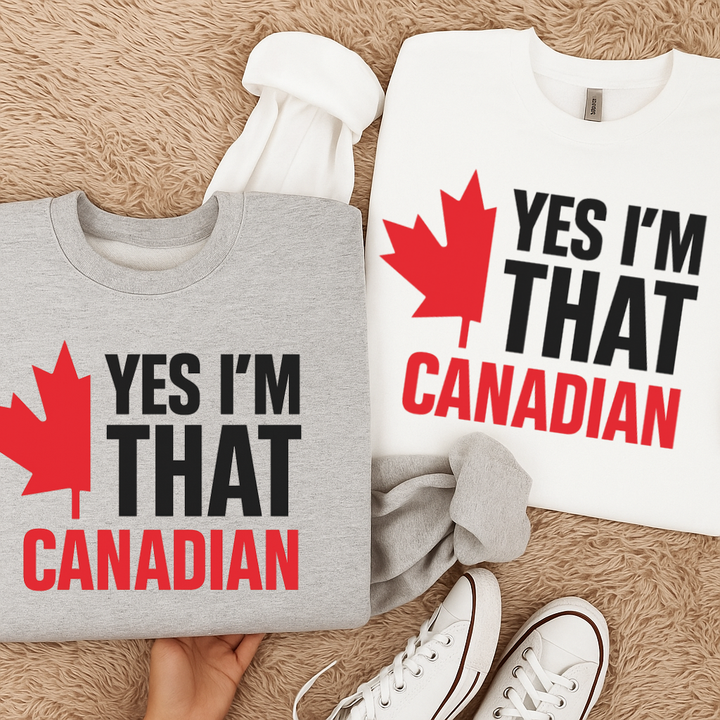 DTF Transfer Yes I’m That Canadian – Bold Maple Leaf Patriotic Print