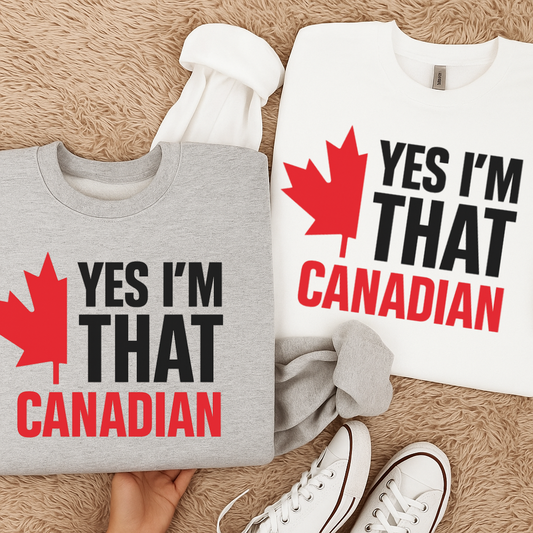 DTF Transfer Yes I’m That Canadian – Bold Maple Leaf Patriotic Print