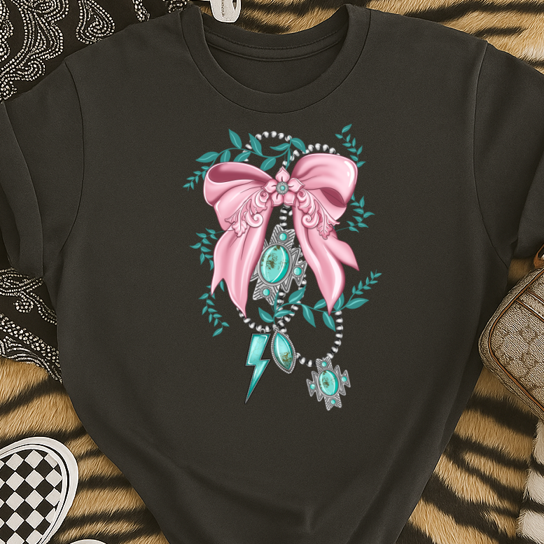 DTF Transfer Western Turquoise Bow – Cowgirl Charm with Pink Ribbon & Lightning Bolt