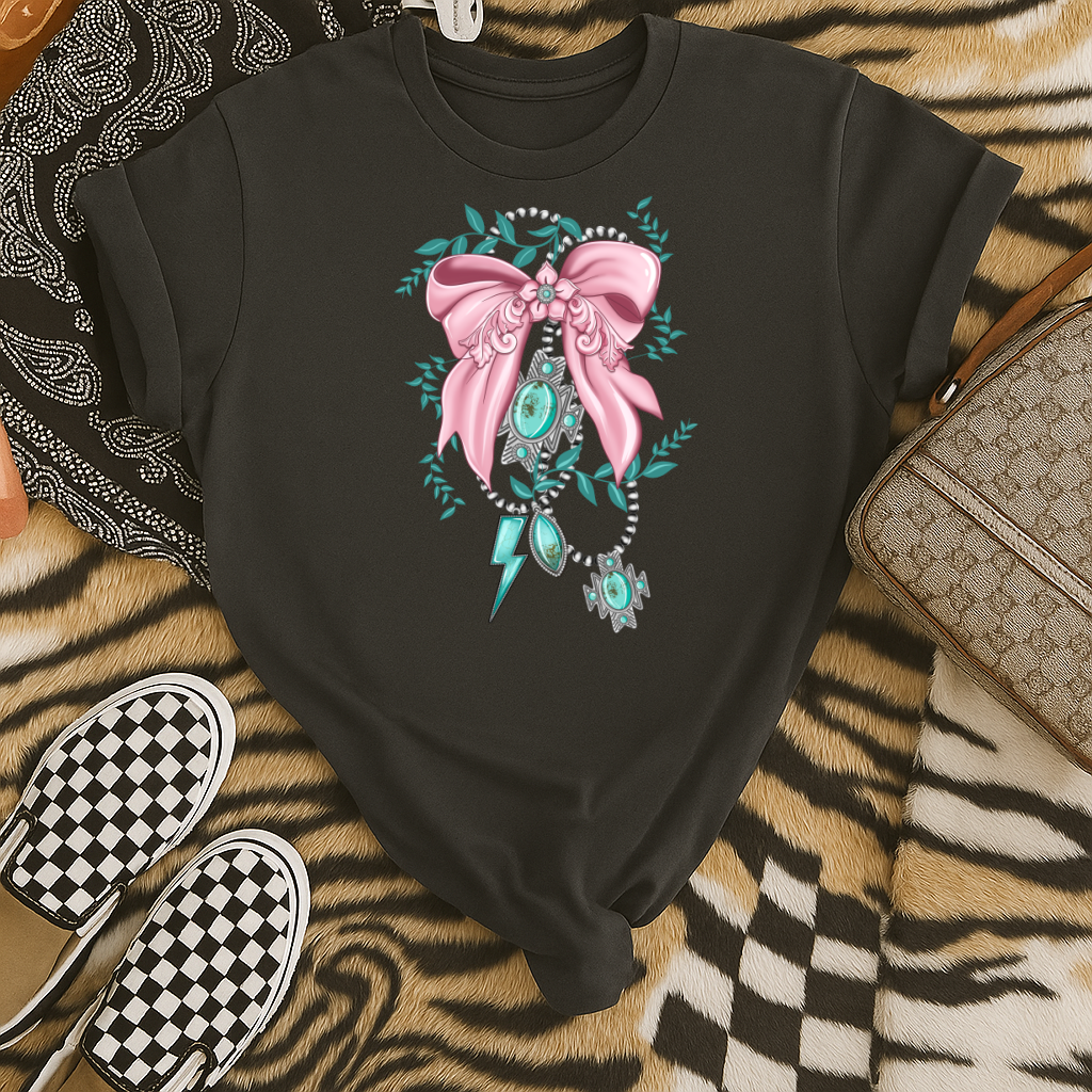 DTF Transfer Western Turquoise Bow – Cowgirl Charm with Pink Ribbon & Lightning Bolt