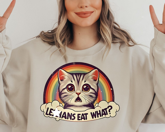 a woman wearing a sweatshirt with a cat on it