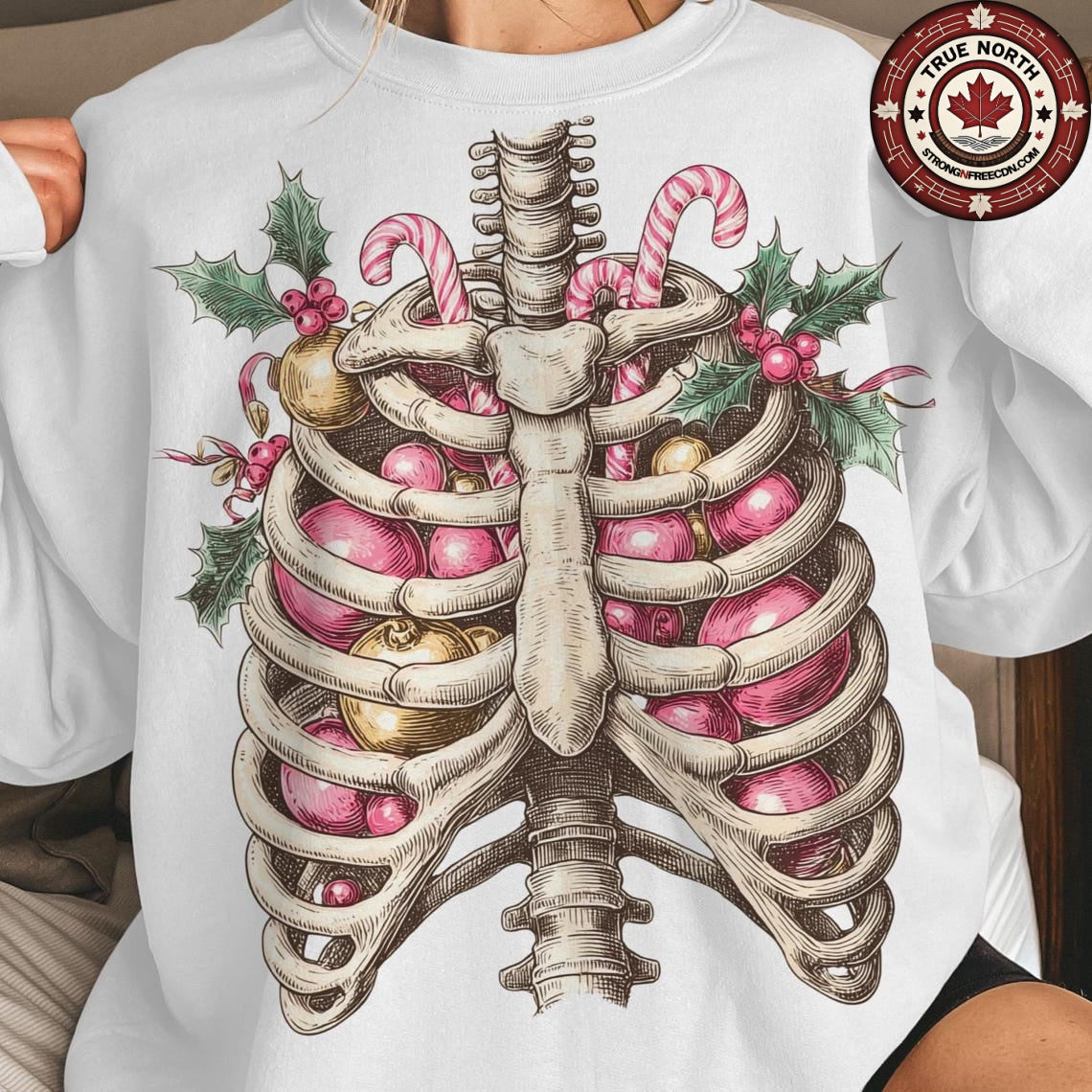 Sweatshirt Or Hoodie  Christmas Skeleton Ribcage – Candy Canes & Ornaments