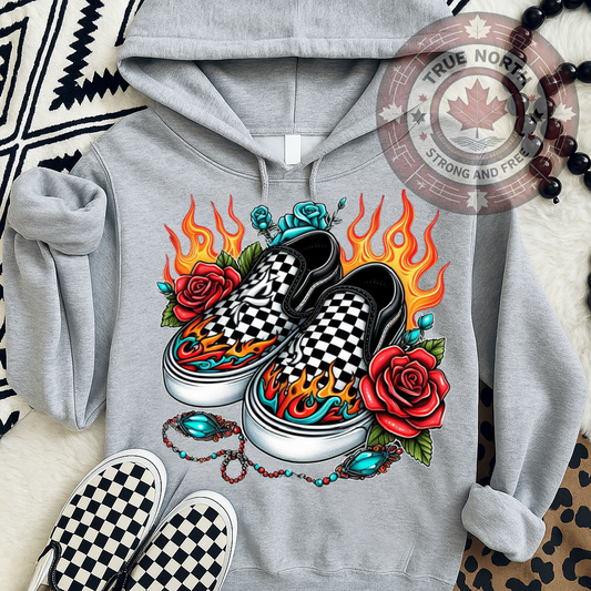 T-Shirt Or Hoodie Checkerboard Vans on Fire – Roses & Flames Sneaker Design