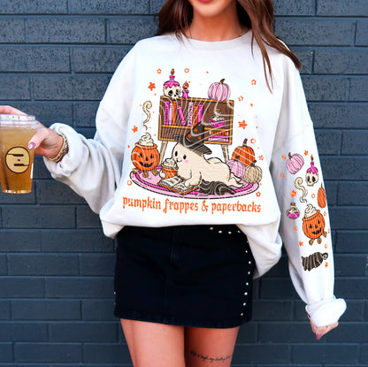 Crewneck Hoody T-Shirt  Pumpkin Frappes & Paperbacks Ghost Halloween Sleeve Print