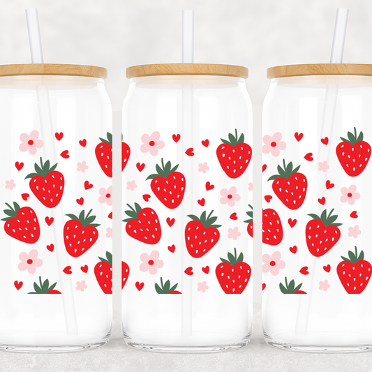 Strawberries & Blossoms UV DTF Cup Wrap – Red Hearts Edition 🍓🌸❤️