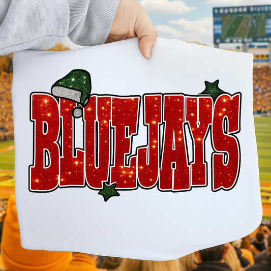 DTF Transfer – Festive Red Glitter Sports Blue Jayss