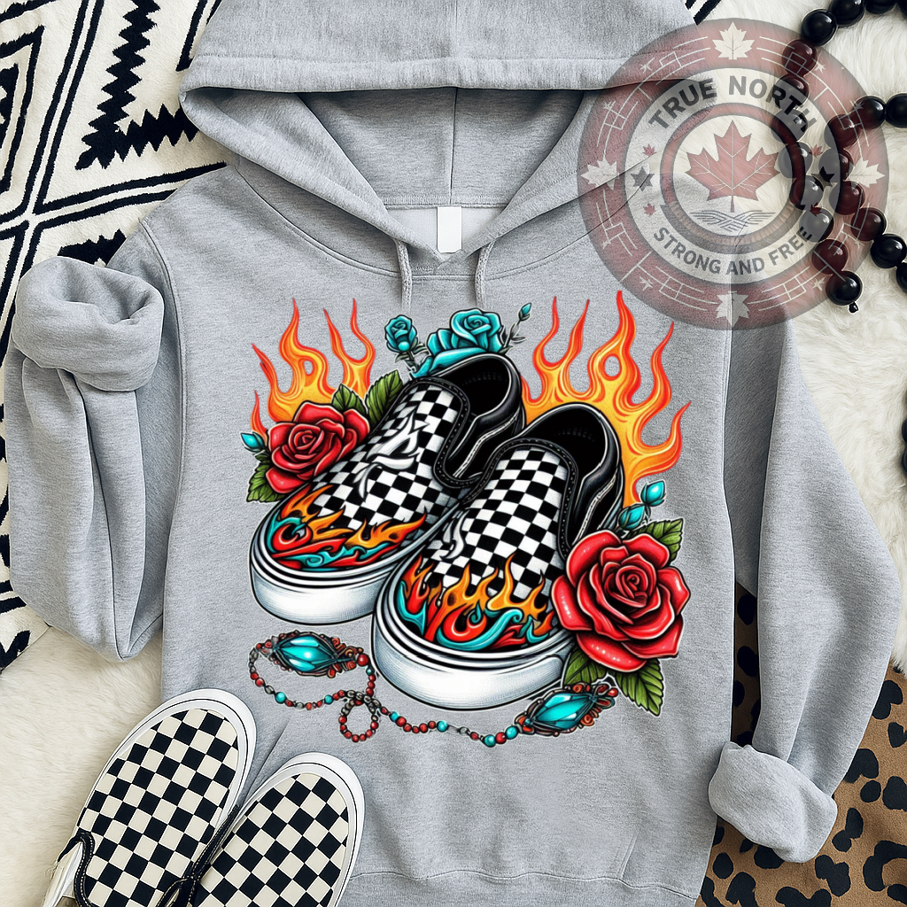 DTF Transfer Checkerboard Vans on Fire – Roses & Flames Sneaker Design