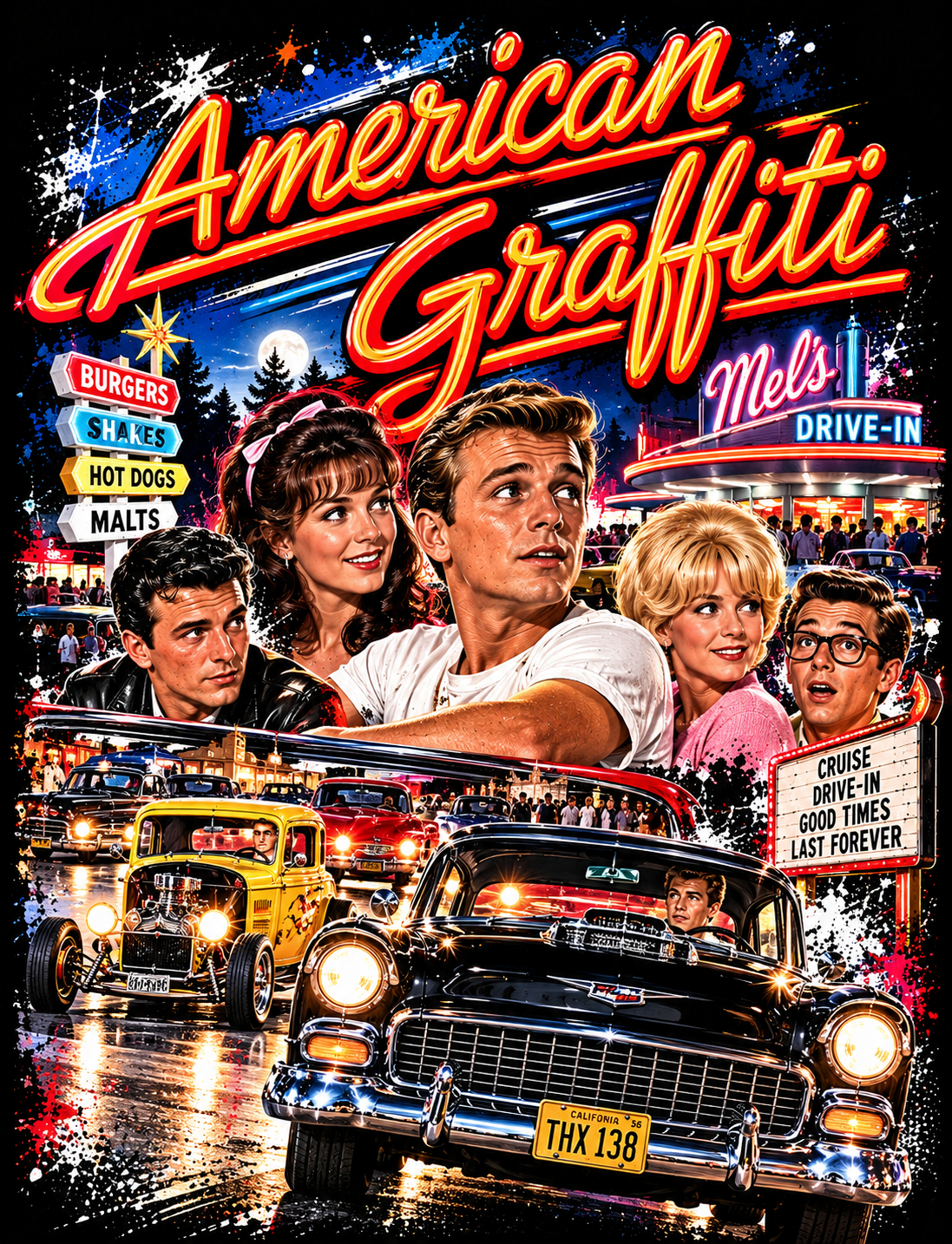 American Graffitii Hot Rod Movie Collage halftone DTF transfer for dark garments