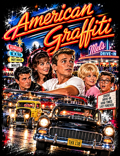 American Graffitii Hot Rod Movie Collage halftone DTF transfer for dark garments