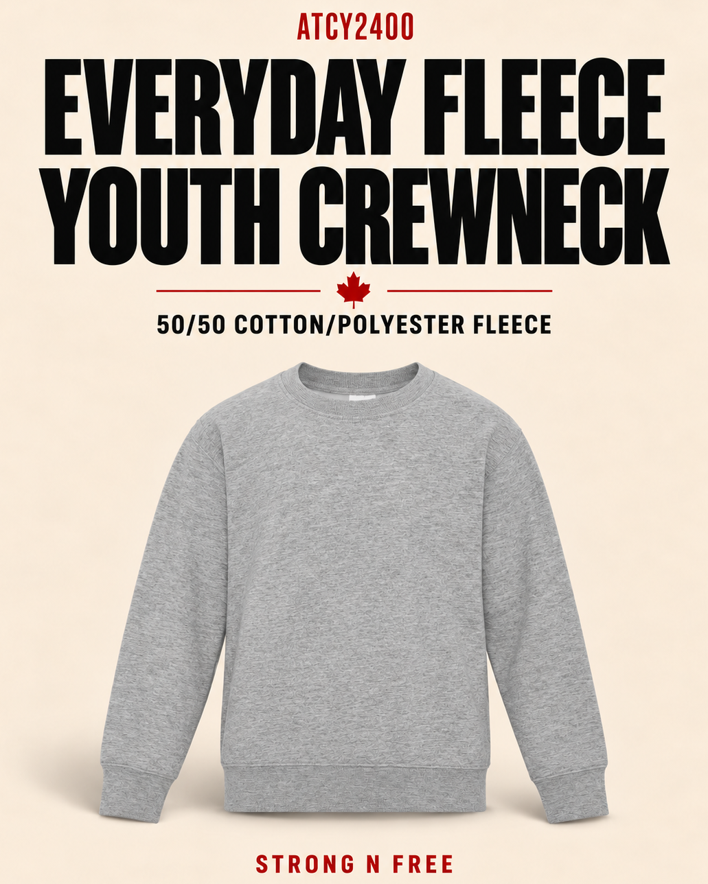 ATCY2400 Everyday Fleece Youth Crewneck wholesale feature poster in athletic heather, 50/50 cotton/polyester fleece, Strong N Free