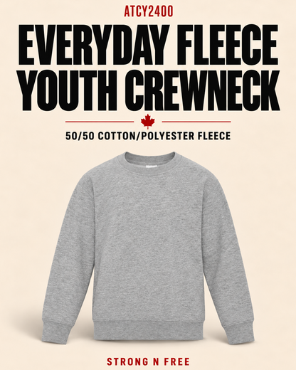 ATCY2400 Everyday Fleece Youth Crewneck wholesale feature poster in athletic heather, 50/50 cotton/polyester fleece, Strong N Free