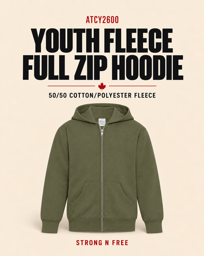 ATCY2600 Youth Fleece Full Zip Hoodie wholesale feature poster, 50/50 cotton/polyester fleece, Strong N Free