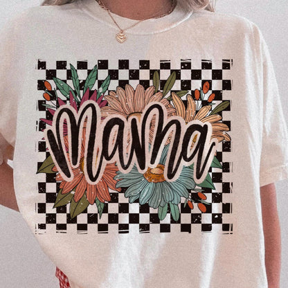 DTF Transfer Mama Checkered Floral Boho Retro Design