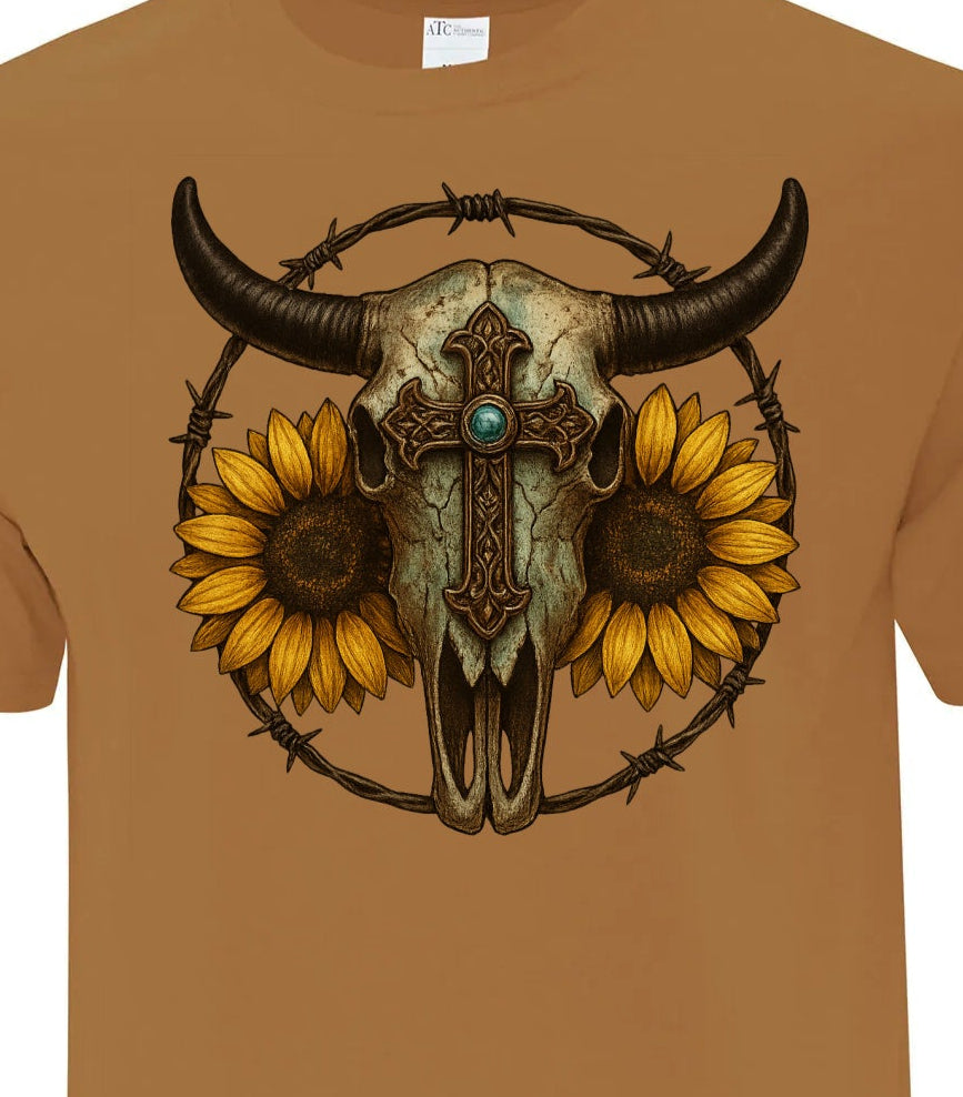 T-Shirt Sweatshirt Crewneck Cowgirl Faith Cowboy Strength – Western Skull & Sunflower Design#2