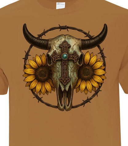 T-Shirt Sweatshirt Crewneck Cowgirl Faith Cowboy Strength – Western Skull & Sunflower Design#2