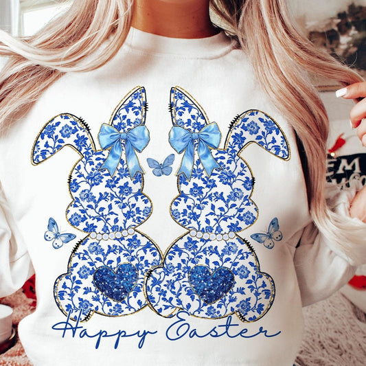 T-Shirt Sweatshirt Hoodie Happy Easter - Blue Floral Bunny Design