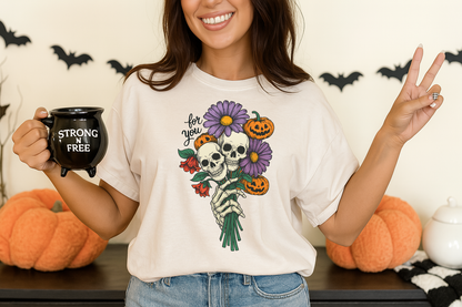 T-Shirt Hoody For You – Skeleton Hand Bouquet with Skulls, Pumpkins & Fall Flowers