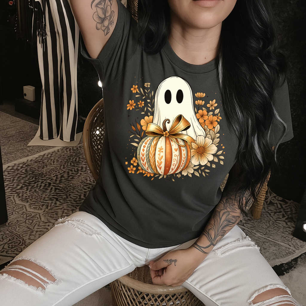 T-Shirt Crewneck Hoody – Fall Floral Ghost with Pumpkin & Bow