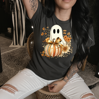 T-Shirt Crewneck Hoody – Fall Floral Ghost with Pumpkin & Bow