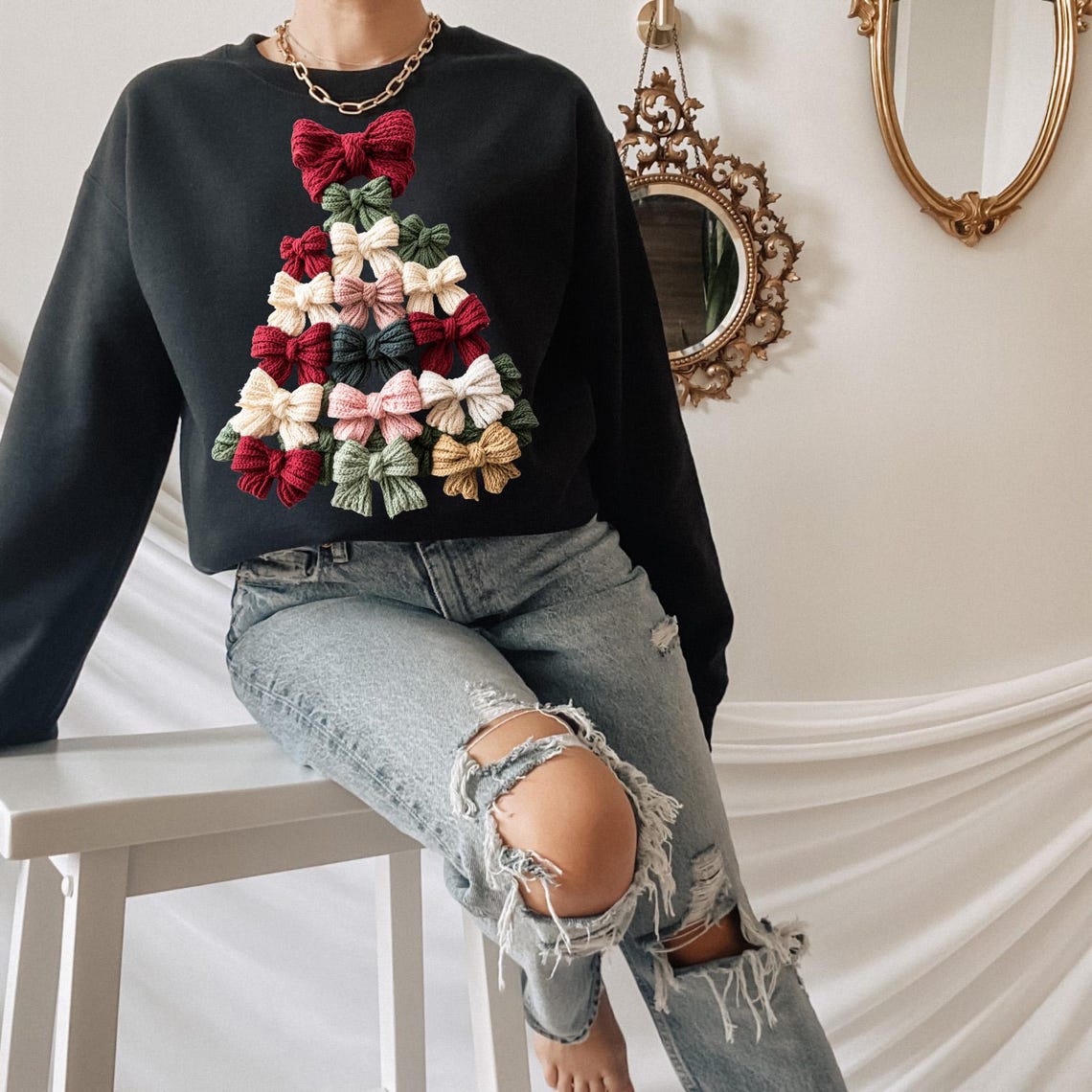 Sweatshirt Hoodie Crewneck Wool Effect Cozy Bow Christmas Tree Design