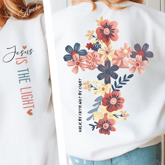 T-Shirt Sweatshirt Hoodie Floral Faith Cross Print – "Jesus is the Light"