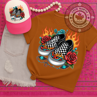 DTF Transfer Checkerboard Vans on Fire – Roses & Flames Sneaker Design