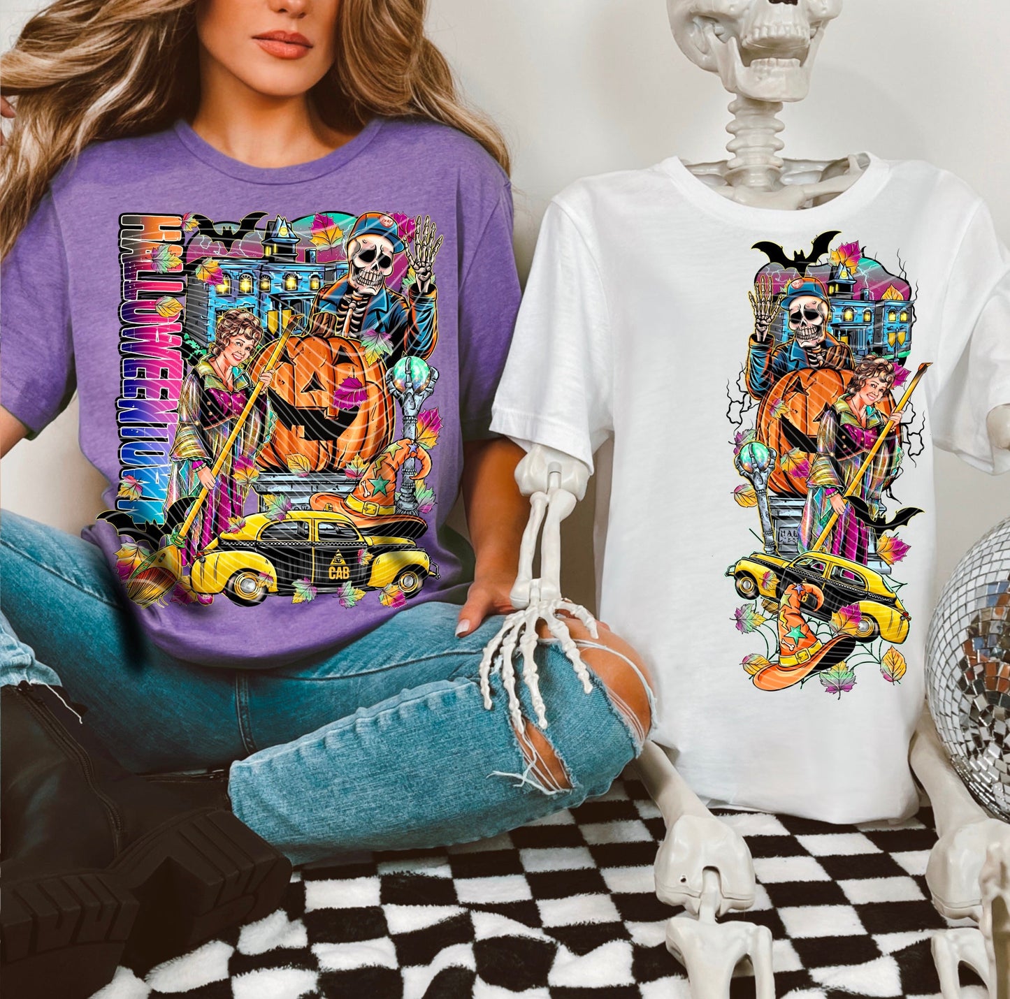 T-Shirt - Sweatshirt – Halloween Town Taxi Ride with Skeleton, Pumpkin